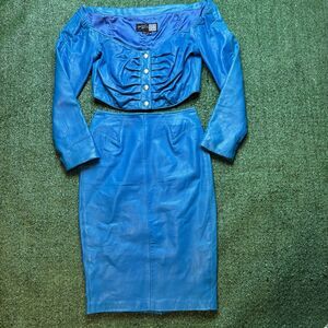 Vintage Michael Hoban North Beach Leather Bomber Corset Jacket & Skirt Blue SZ S